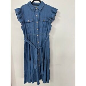 Meadow‎ Rhodes Blue Denim Midi Dress Plus 1X Ruffle Sleeve Tiered Cotton NWT